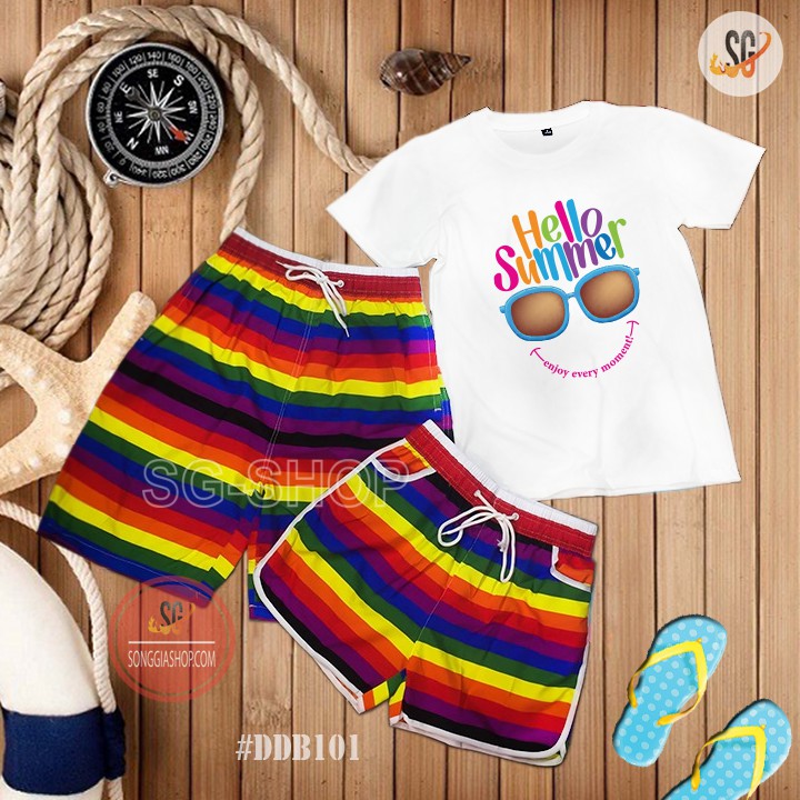 Bộ đồ đi biển cho gia đình hay cặp đôi hội nhóm set gồm áo thun và quần cầu vòng nổi bật DDB101 | DONGPHUCSG