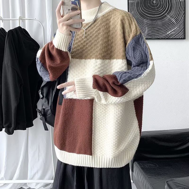 Áo sweater Dệt Kim Cổ Tròn Màu Sắc Tương Phản Phong Cách Hong Kong Cho Nam