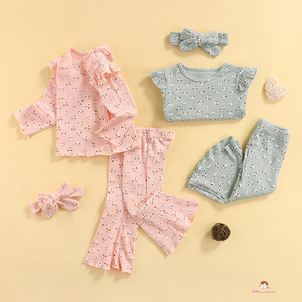 Bộ Áo Thun Tay Dài In Hoa + Quần Ống Loe + Băng Đô Thời Trang Cho Bé Gái Q7-Kid