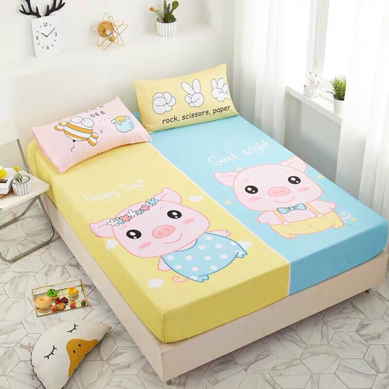 [ COTTON VN 100%] Bộ Ga Gối Cotton Hoạ Tiết 3d Cho Bé Yêu Mẫu  2 CON HEO