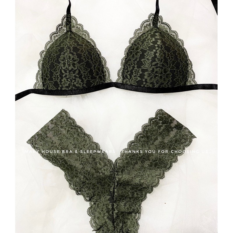 Bộ Đồ Lót Ren Mút Ngực Quần Y Xanh Rêu Mary House Bra & Sleepwears | BigBuy360 - bigbuy360.vn