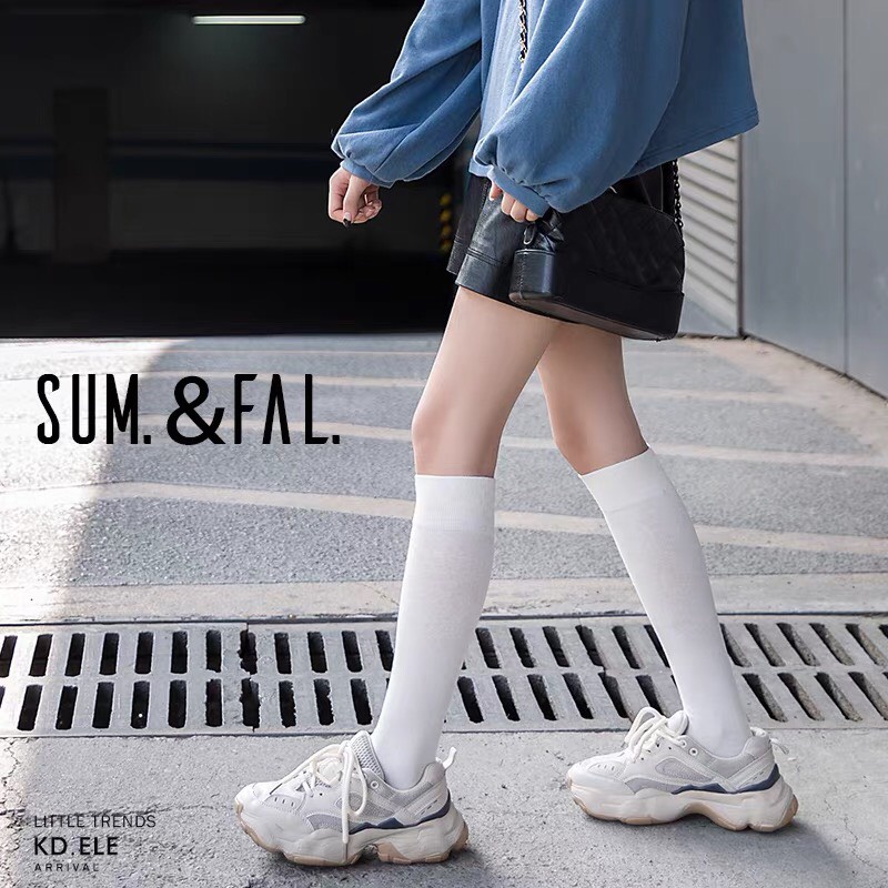 Tất trơn cao cổ đến đầu gối, vớ cotton màu trắng đen giả bốt đùi Hàn Quốc chất len đẹp - Phụ kiện thời trang
