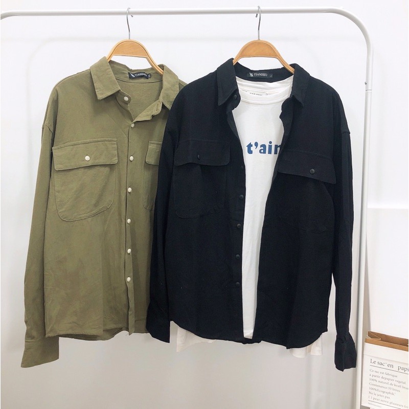 Áo sơ mi khaki túi ngực hot trend Hàn quốc, khoác ngoài áo thun mặc 4 mùa
