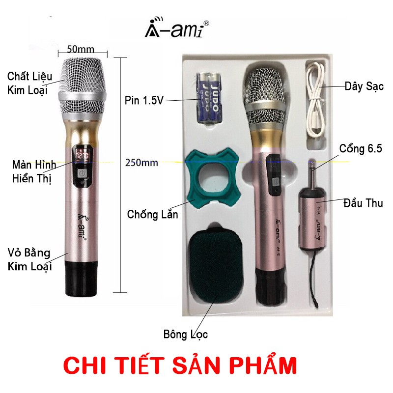 Mic karaoke không dây Ami W5 chất liệu vở kim loại đèn hiển thị sóng dùng cho tất cả các loa và âm li hỗ trợ mic