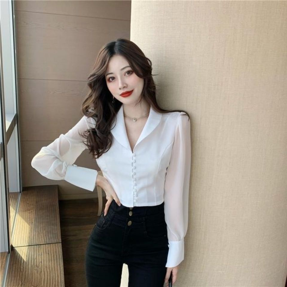Áo Sơ Mi Voan Dài Tay Cổ V Thắt Nơ Thời Trang Mùa Xuân Cho Nữ