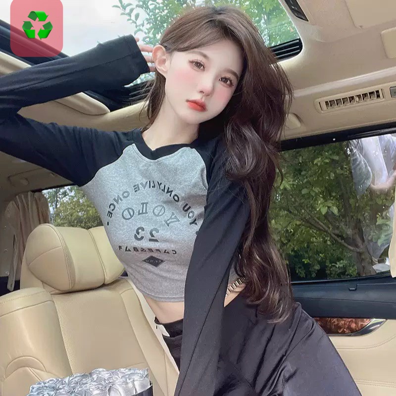 Áo kiểu croptop tay dài phối 2 màu in chữ số 23 cực xinh , chất thun bozip mềm mịn