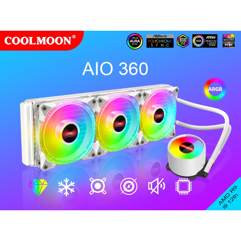 Tản Nhiệt Nước CPU AiO Coolmoon ICEMOON 360mm Hỗ trợ Socket 1700 Led 5v ARGB Đồng Bộ Màu Mainboard, Hub Coolmoon