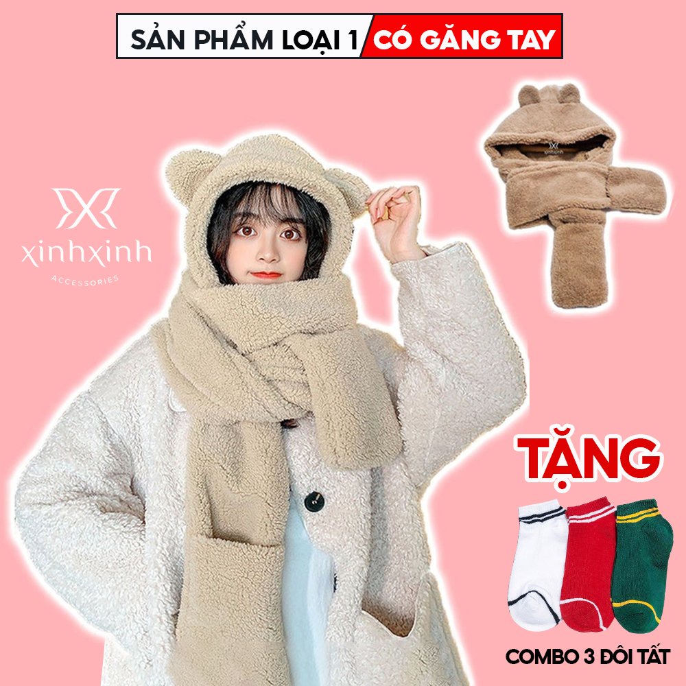 Mũ lông cừu tai gấu kèm khăn quàng cổ và găng tay ấm áp ulzzang Hàn Quốc cho nữ mùa thu đông - Xinh Xinh Accessories