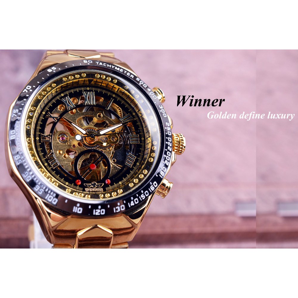 Đồng hồ nam Winner TM432 cơ lộ máy dây thép không gỉ - Full Gold Đen