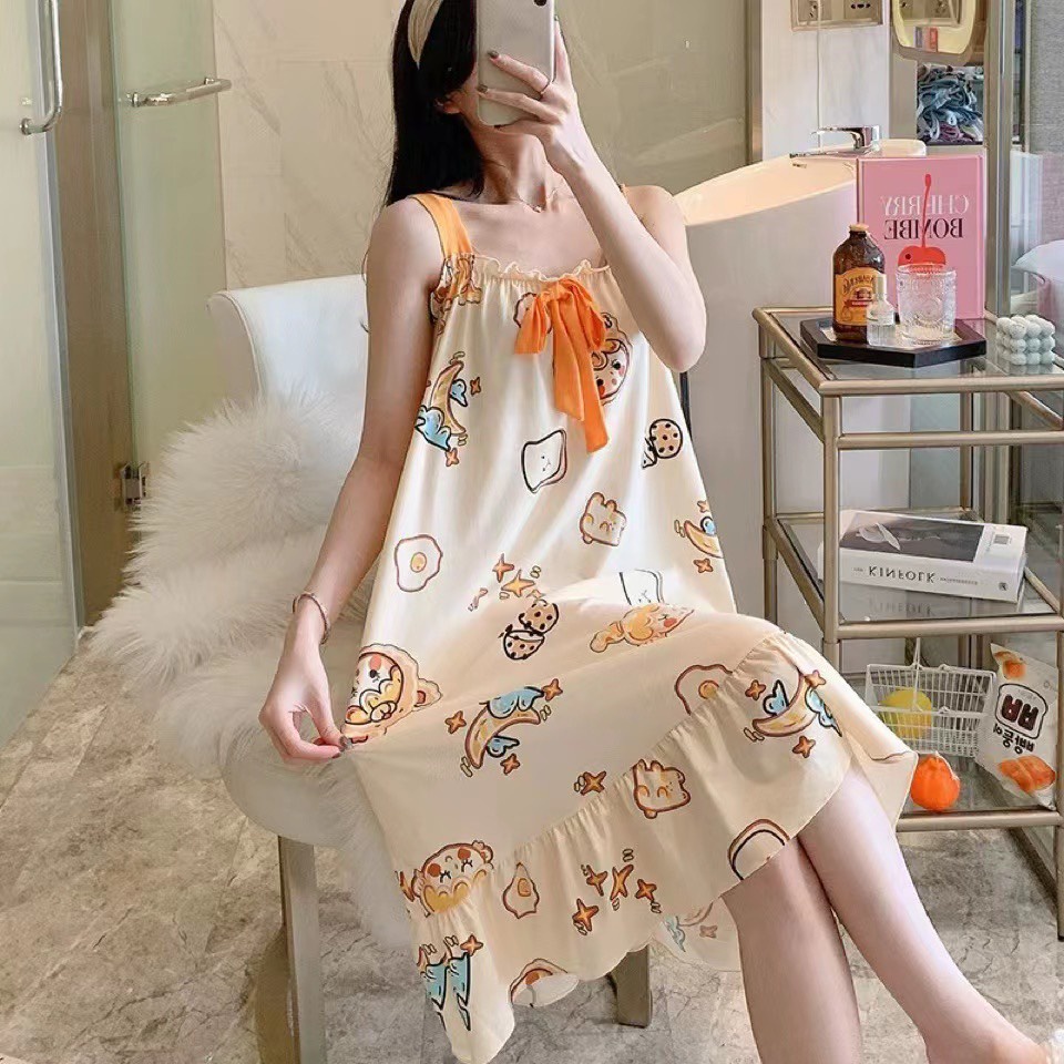 Váy Ngủ Nữ 2 Dây Đính Nơ Họa Tiết In Cute Chất Thun Sữa - Hàng Quảng Châu Cao Cấp