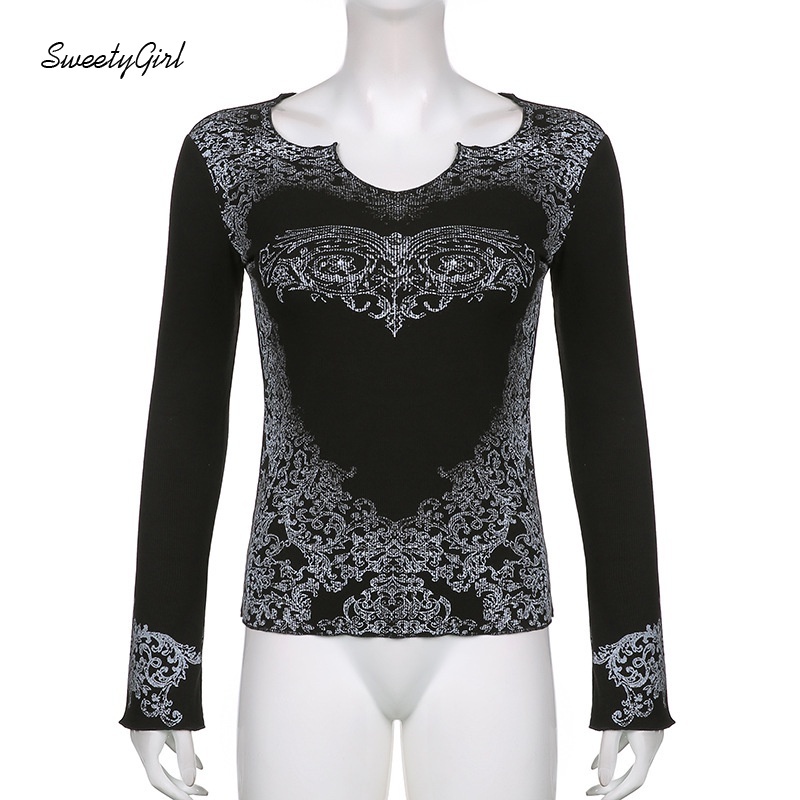 Áo Thun Tay Dài Cổ Chữ V In Họa Tiết Đôi Cánh Hoạt Hình Màu Tương Phản Dành Cho Nữ