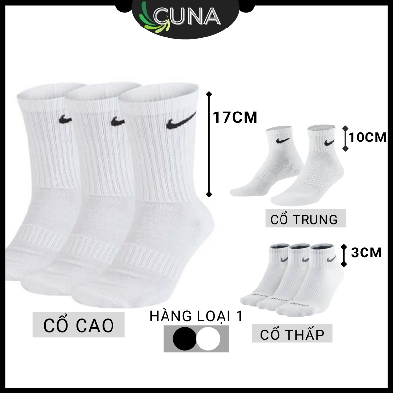 Tất Nike Cao Cổ CUNA, Vớ Nam Nữ Cổ Cao Ngắn Unisex Cao Cấp Trơn Màu Trắng Đen Thể Thao Dài