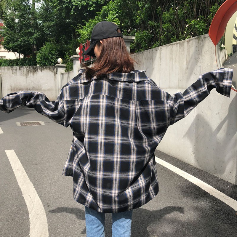 Xiaozhainv Áo sơ mi tay dài dáng suông phối họa tiết kẻ sọc retro kích cỡ M-4XL cho nữ