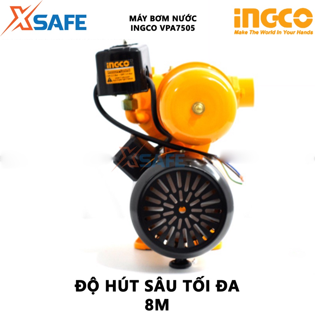 Máy bơm nước INGCO VPA7505 Máy bơm tăng áp công suất 750W(1.0HP), chiều cao bơm 44m, mô tơ dây đồng - [XSAFE]