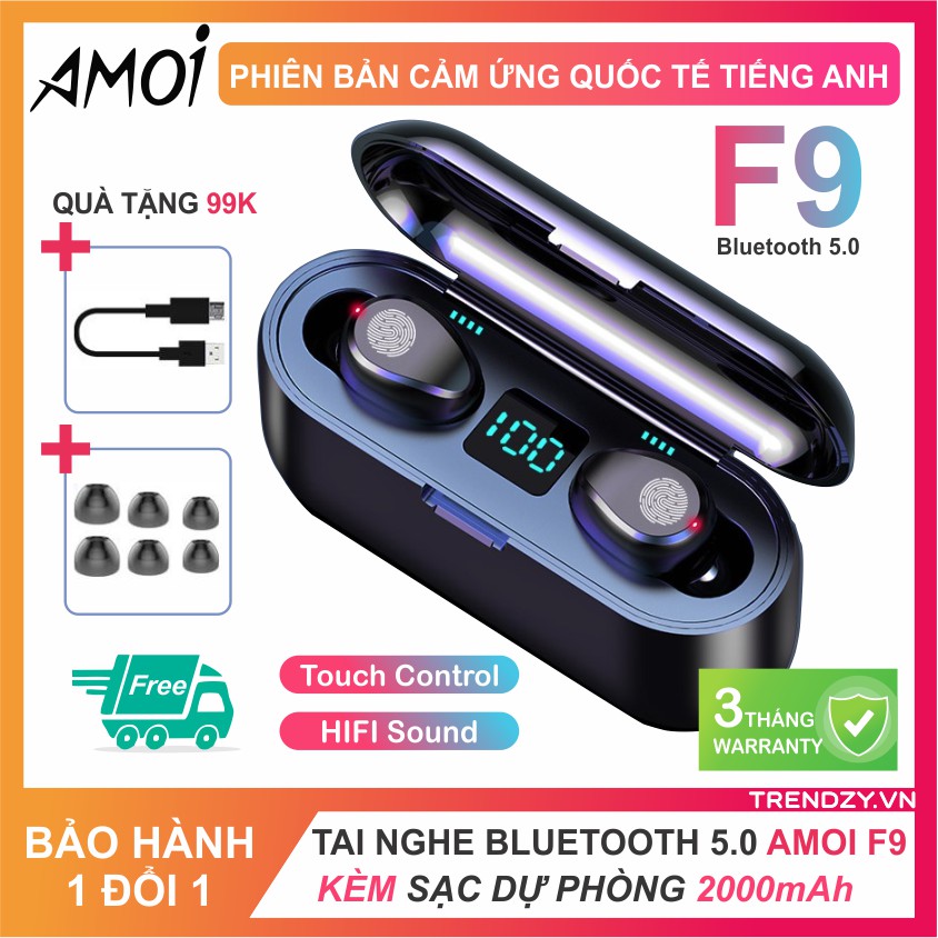 [Nowship 0đ] Tai nghe Bluetooth 5.0 AMOI F9 cảm ứng bản quốc tế Full Option - Kiêm sạc dự phòng 2000mAh - Kết nối 10m