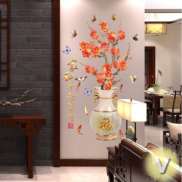Decal dán tường Bình hoa đào đỏ