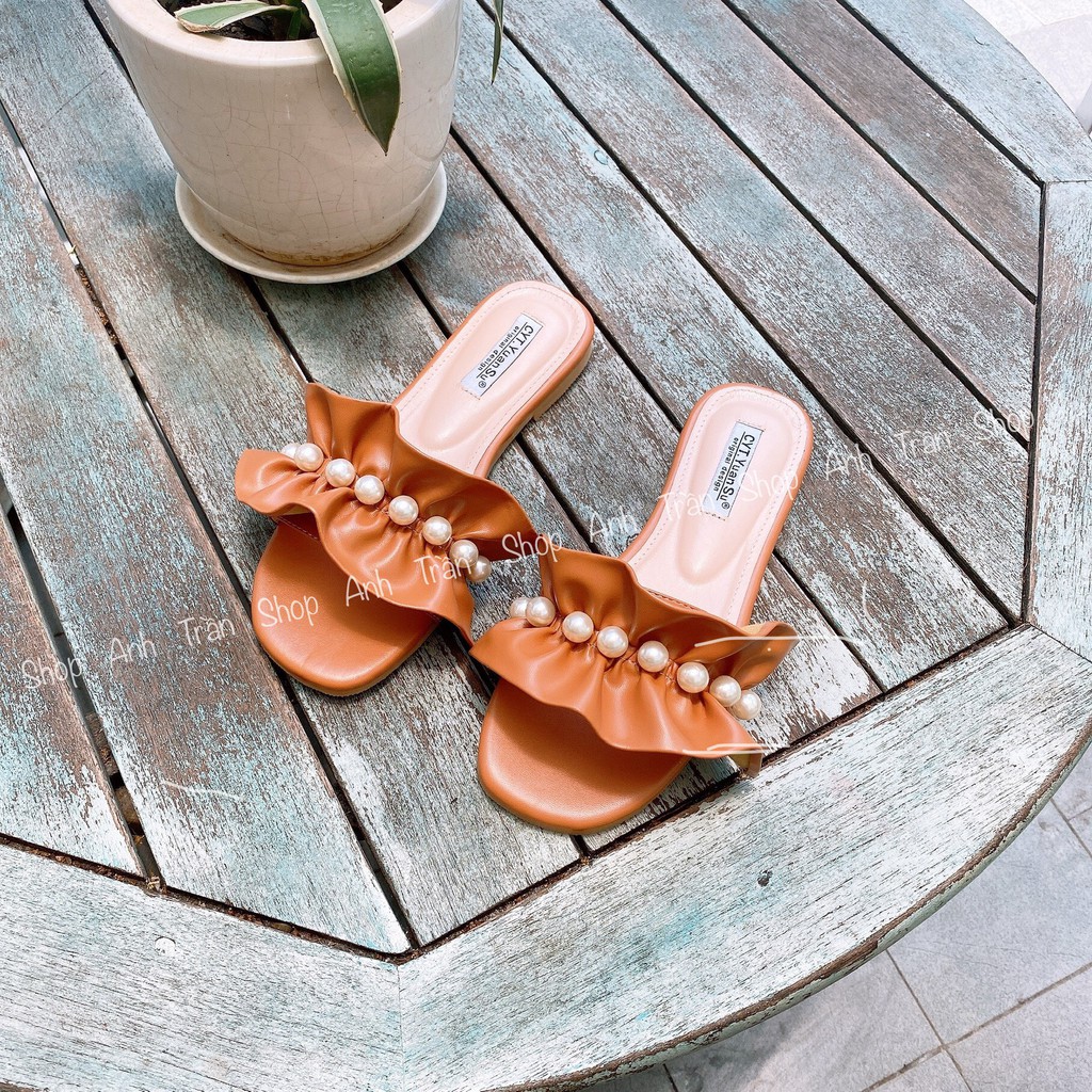 Dép nữ quai ngang bèo nhún đính ngọc Quảng Châu cao cấp DE2388