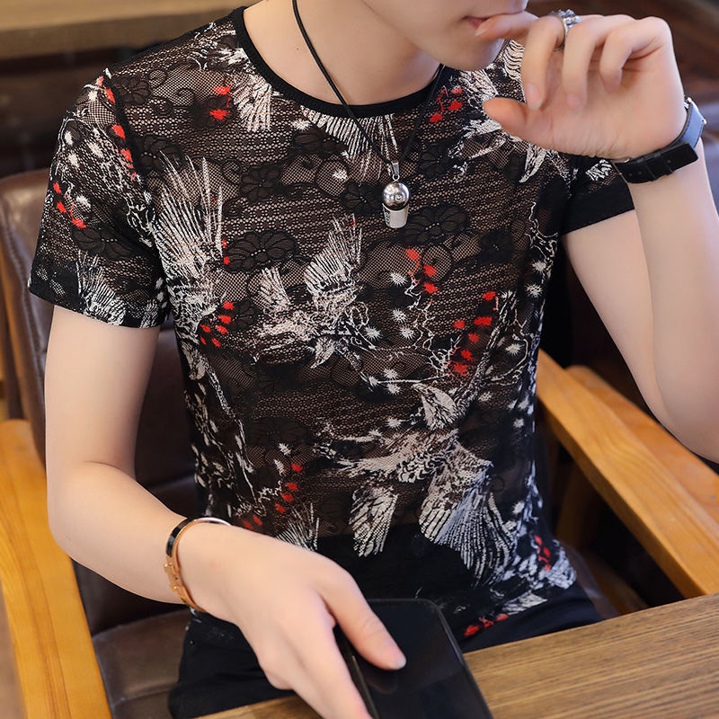 Áo Thun Ngắn Tay Vải Lụa Mát Phối Lưới Thời Trang Xu Hướng Cho Nam