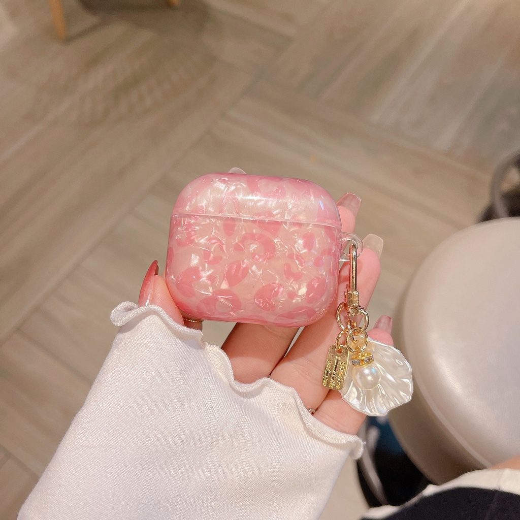 Vỏ Bảo Vệ Hộp Sạc Tai Nghe Airpods 1 2 3 rd Pro Hình Báo Hồng Kèm Móc Khóa Ngọc Trai Dễ Thương Ốp