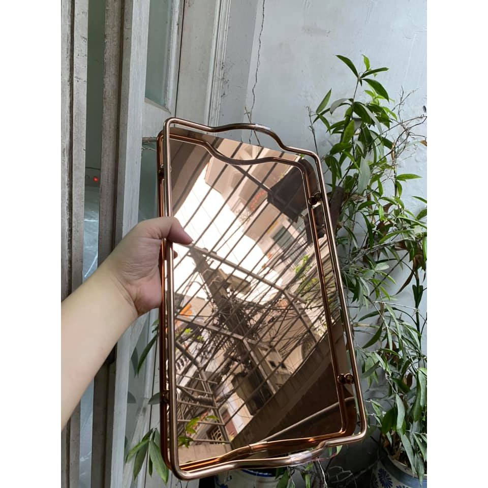 (ẢNH THẬT) Khay thép gương hồng có tay cầm sang chảnh, khay Decor phong cách Bắc Âu