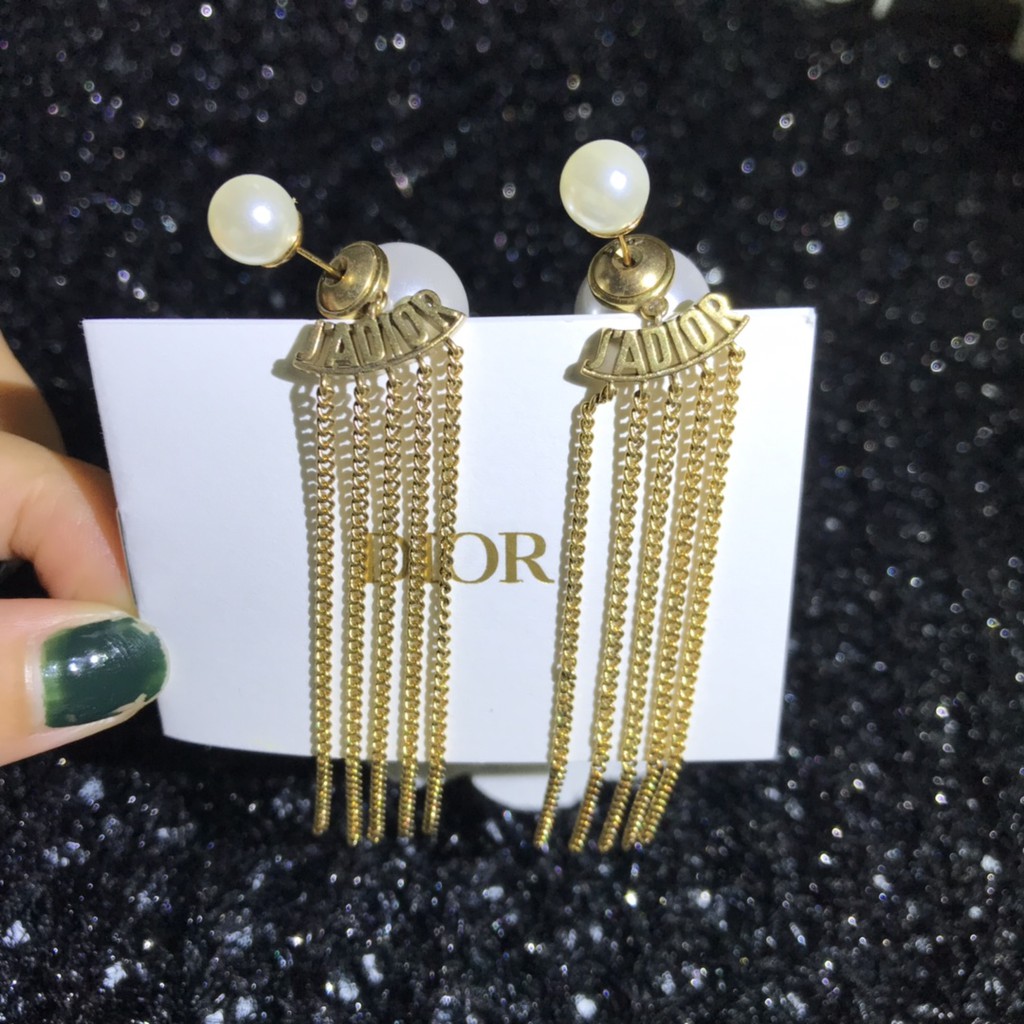 Dior Bông Tai Mạ Vàng Phối Tua Rua In Chữ Thời Trang