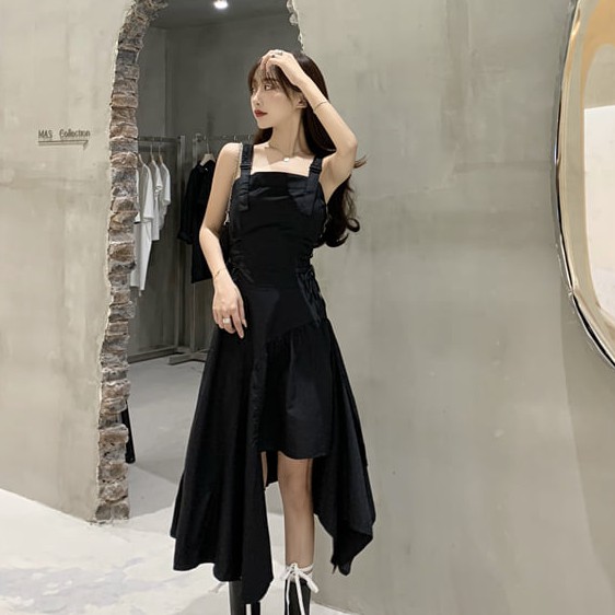 Váy hai dây tầng cực tôn dáng - Váy hai dây bản to đen Bape lệch tầng bèo có dây rút bụng chỉnh eo freesize | BigBuy360 - bigbuy360.vn