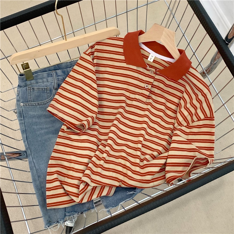 SUXI Áo polo Ngắn Tay Dáng Rộng Họa Tiết Kẻ Sọc Tương Phản Thời Trang Mùa Hè Cho Nữ