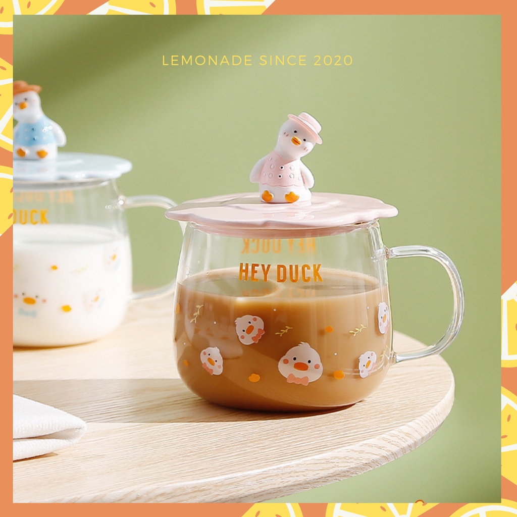 Cốc thủy tinh nắp sứ hình vịt nghiêng Hey Duck dễ thương kèm thìa