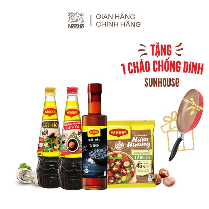 [Tặng chảo chống dính] Combo Maggi: Nước tương đậm đặc 700ml+Hạt nêm nấm hương 450g+Nước mắm tự nhiên 490ml+Dầu hào 820g