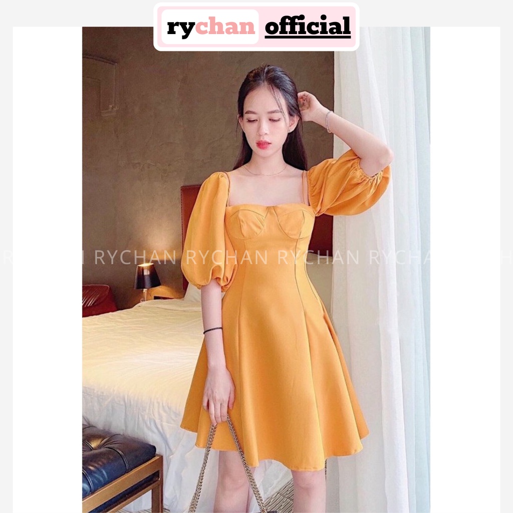 Đầm Nữ Dự Tiệc Form Ngắn Cổ Vuông Tay Phồng Chun Phối Dây Chiết Eo Màu Vàng [ẢNH THẬT CUỐI] - DX9843