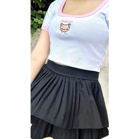 Áo croptop thiêu mèo phối viền hồng