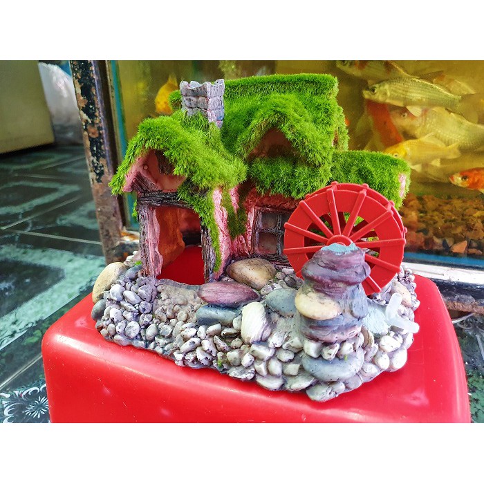 CẢNH NHÀ CÓ BÁNH QUAY TRANG TRÍ HỒ CÁ NON BỘ 20X17X16CM