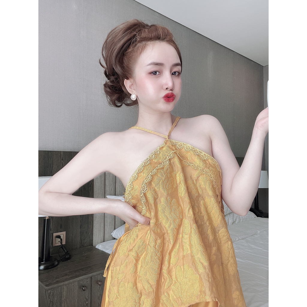 Set bộ lụa yếm hoa nổi, bộ ngủ mặc nhà sexy [DN47]