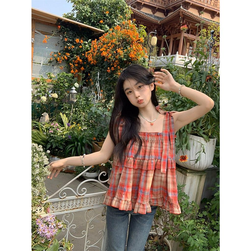 Áo Babydoll Nữ 2 Dây Kẻ Caro 🦋 Áo Nữ 2s Buộc Nơ Viền Bèo Chất Thô Đũi 🦋