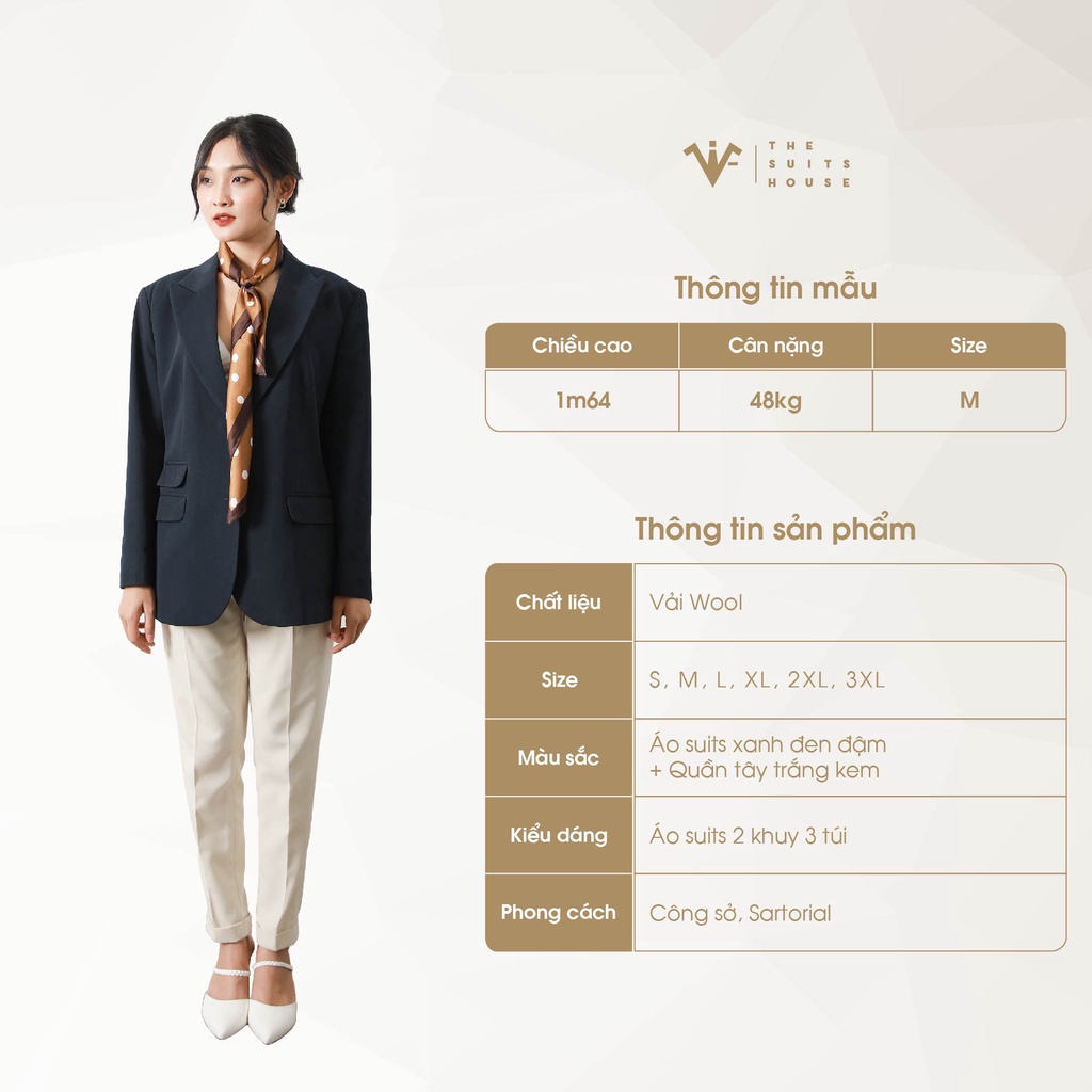 Bộ vest nữ xanh đen đậm phối trắng kem 2 khuy 3 túi, suits sartorial chất cashmere The Suits House