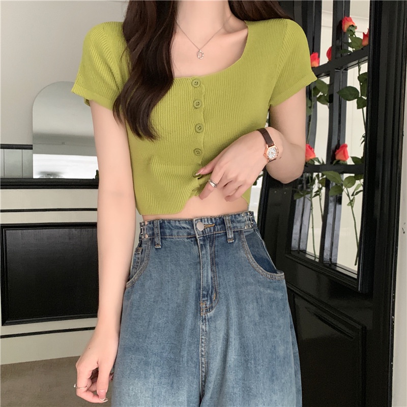 Áo Cardigan Dệt Kim Ngắn Tay Cổ Vuông Màu Sắc Ngọt Ngào Cho Nữ OOP13