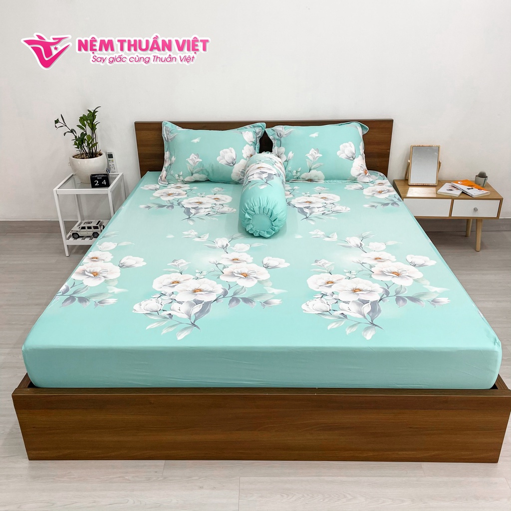 (Drap 4 Món - Không Mền) Ga Cotton Tencel Thuần Việt Cao Cấp - K43 - Bộ Sản Phẩm Gồm 3 Vỏ Gối Nằm Và 1 Ga Trải Giường