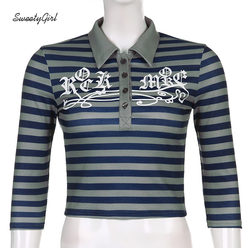 Áo Polo Tay Ngắn Cổ Bẻ Dáng Ôm In Họa Tiết Kẻ Sọc Thời Trang Xinh Xắn Cho Nữ