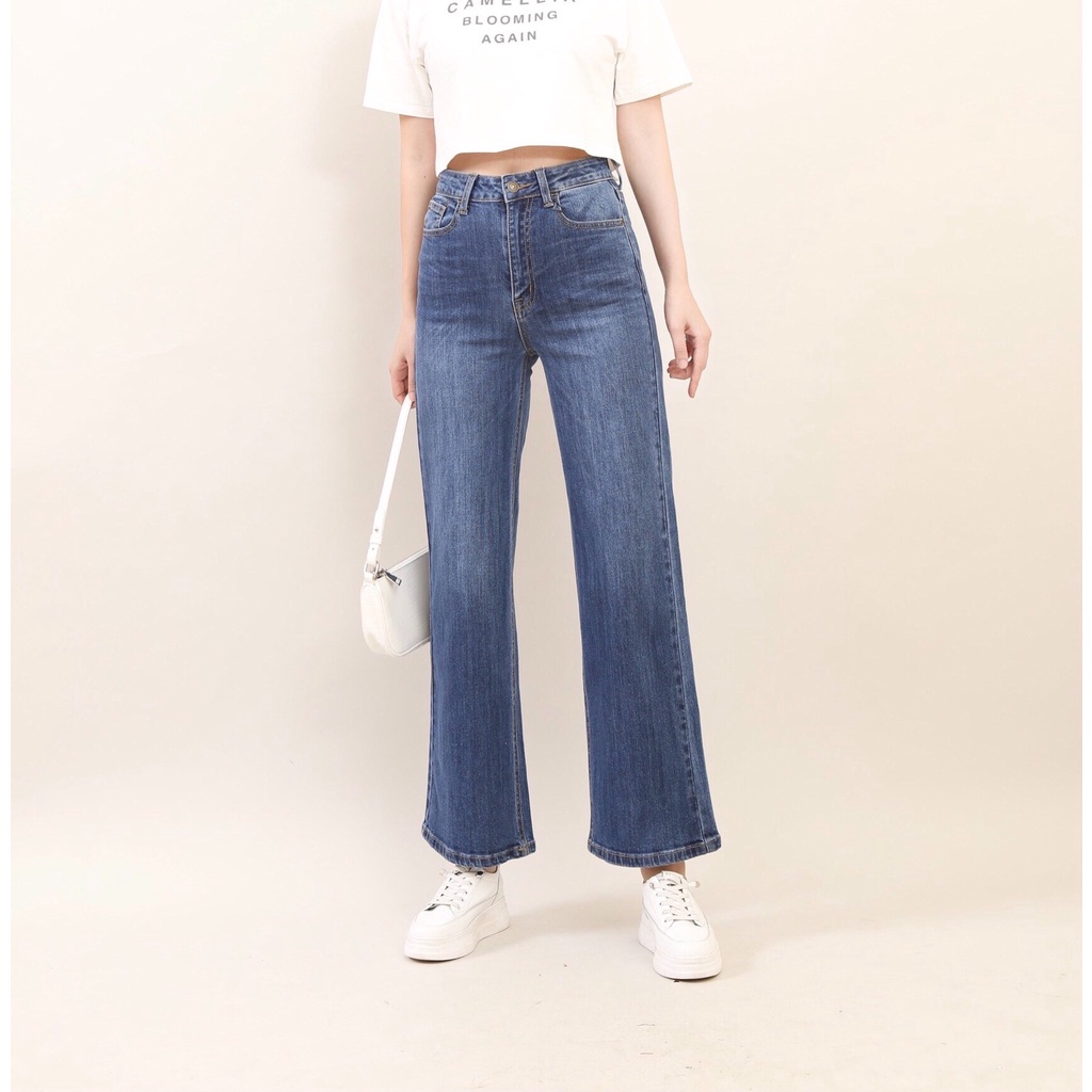 Quần Jean Nữ Ống Rộng cạp cao co giãn cơ bản Trơn Gấu Thường CT JEANS