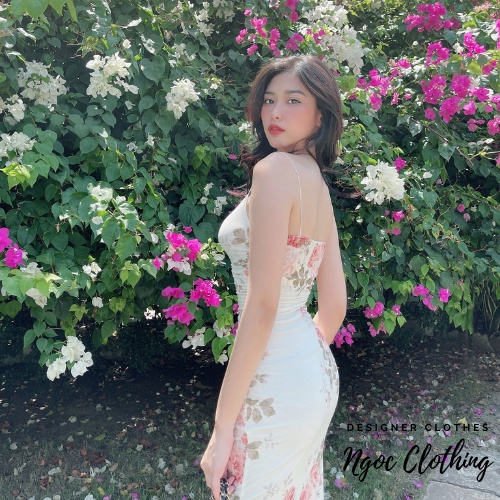 Váy 2 dây body dúm eo NGOCCLOTHING nữ [FREESHIP] Đầm 2s ngắn ôm hoa nền trắng quyến rũ, sang trọng, vintage HOT | BigBuy360 - bigbuy360.vn
