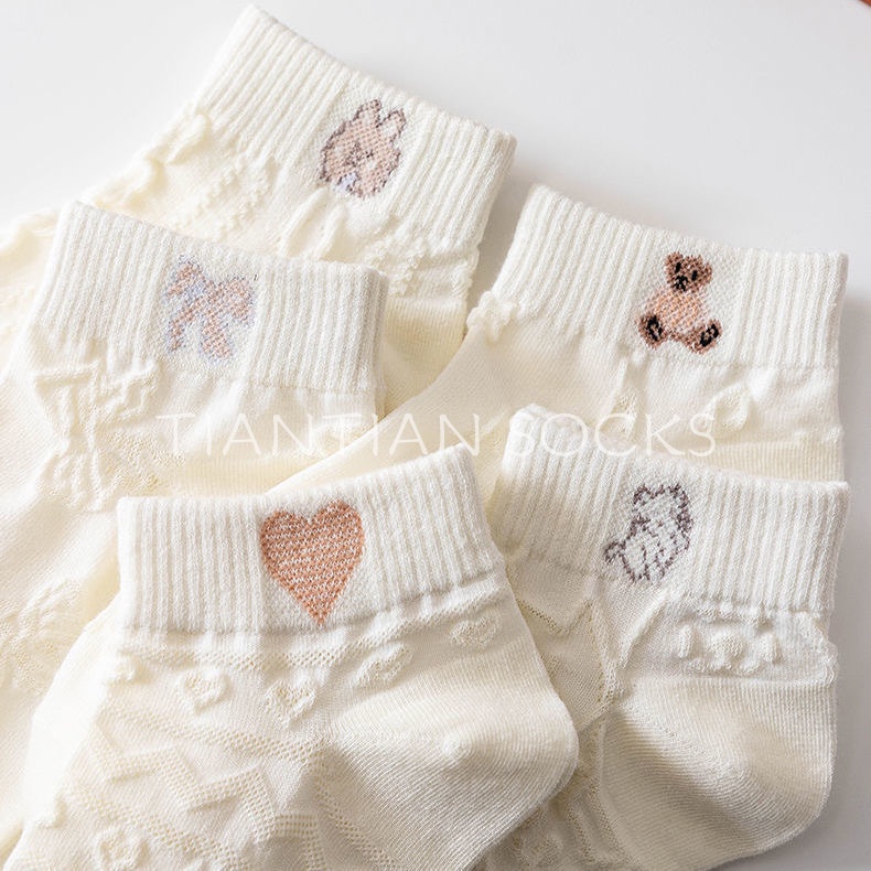 TIAN TIAN T163 Vớ Cotton cổ ngắn Cổ Thấp Đính Nơ Họa Tiết Gấu Hoạt Hình Dễ Thương Phong Cách Nhật Bản Thời Trang Cho Nữ