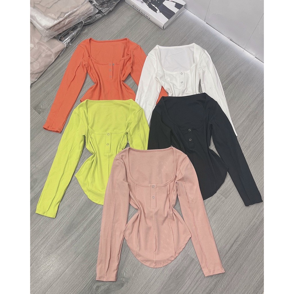 Áo thun cổ U cài nút tay dài díp thân vạt bầu xinh chất thun cotton đẹp mịn