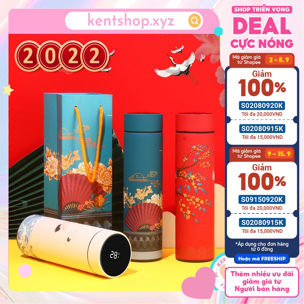 Bình Giữ Nhiệt Hiển Thị Nhiệt Độ Sơn Nhám Hoa Văn Cổ Trang Cute Mini Inox 304 - Kent Shop