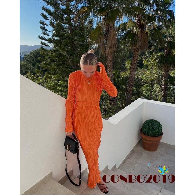 Đầm ôm Dài Tay Cổ Tròn Màu Sắc Nhã Nhặn Thời Trang