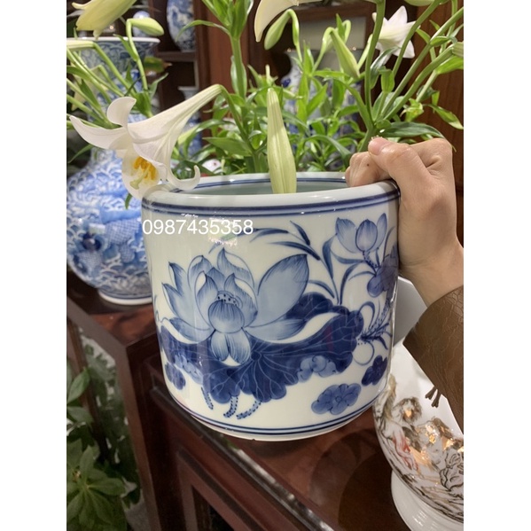 Bát hương vẽ sen xanh ngọc gốm Bát Tràng