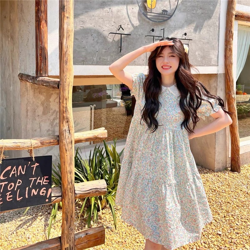 ĐẦM BBD HOA CỔ SEN TRẮNG NGỰC XẾP LY