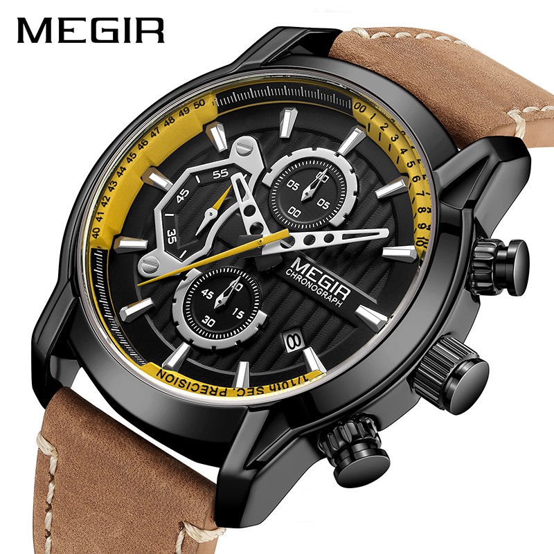 Đồng Hồ Đeo Tay Mặt Tròn Dây Da Chống Nước Dành Cho Nam MEGIR