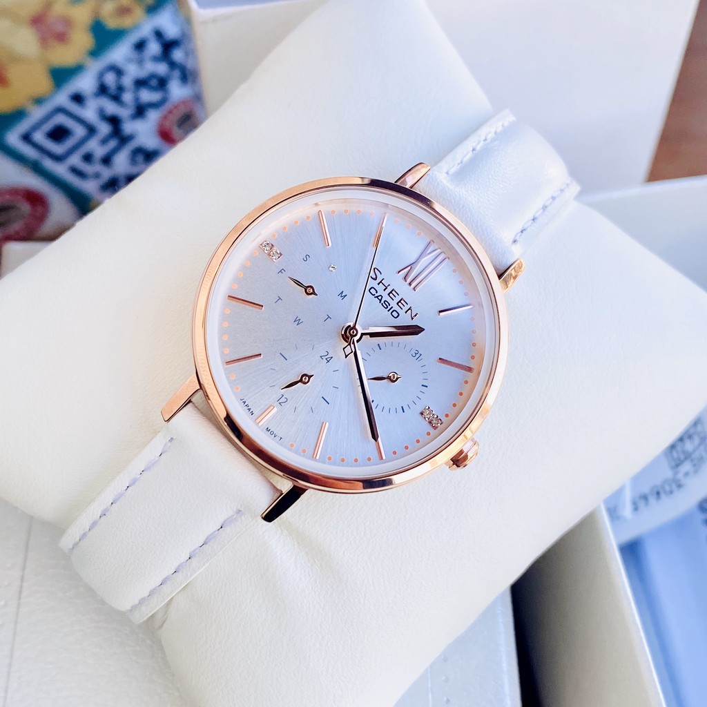 Đồng Hồ Nữ Casio Sheen SHE-3064PGL-7AUDF Dây Da Trắng