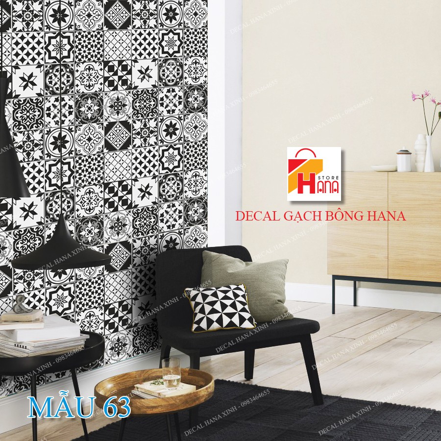 Decal Gạch Bông- set 32 ô  - KT 60x120cm - Decal dán tường decal dán bếp, các mẫu decal gạch bông đen trằng