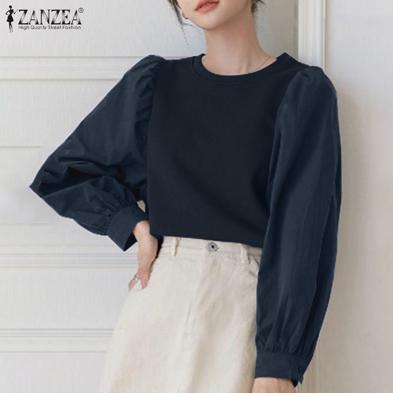 Áo sơ mi ZANZEA cổ tròn tay dài phồng màu trơn thời trang dành cho nữ